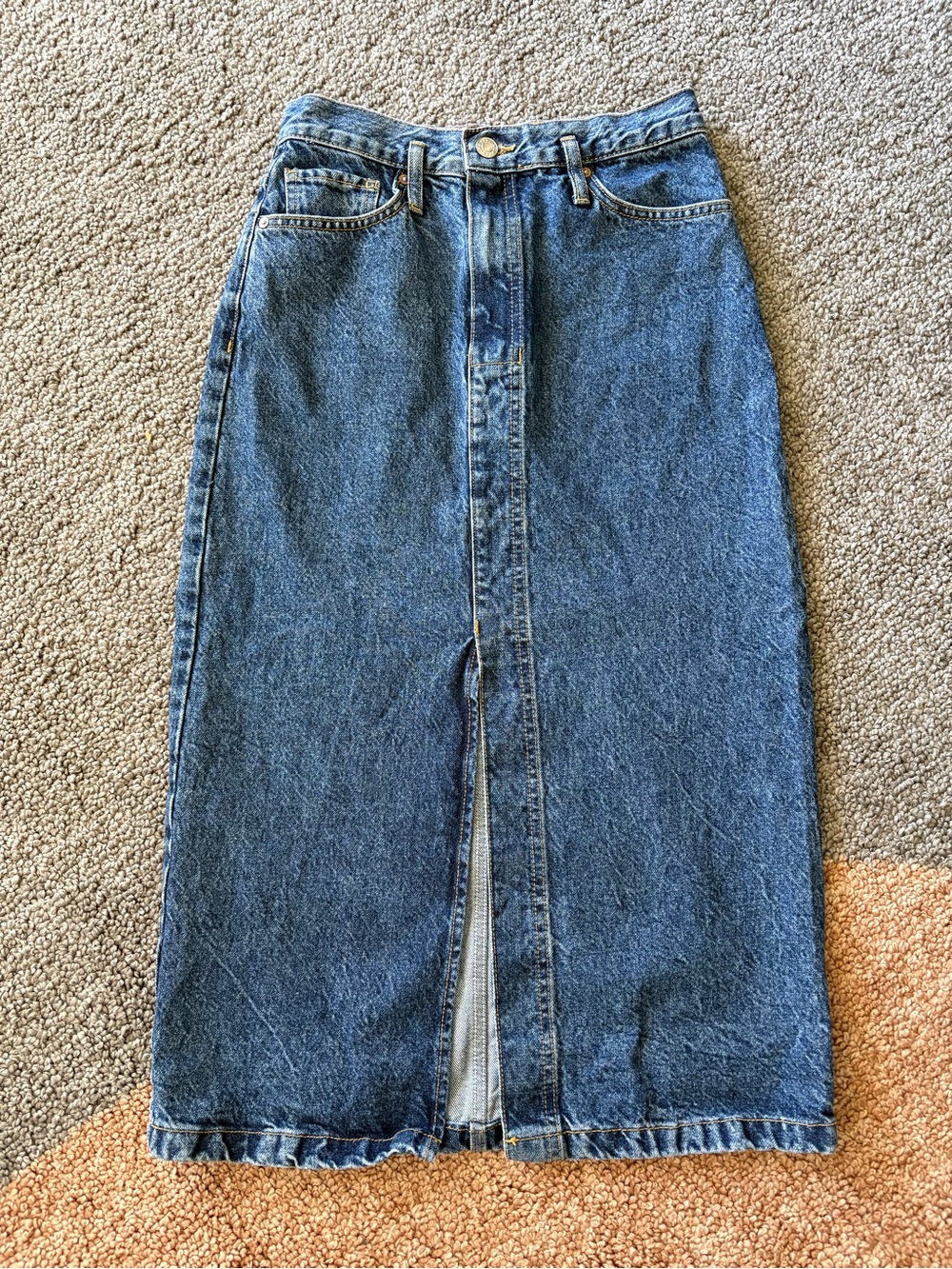 Classic MNG Mango Blue Denim Midi Skirt with Front Slit Small Preppy Americana